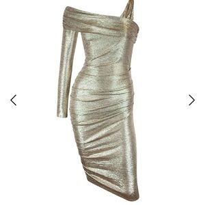 Wolf & Badger Me & Thee Gold One-Shoulder Dress